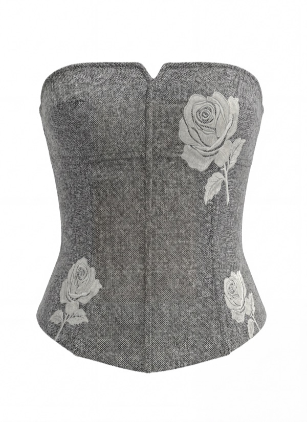 Rose Embroidered Vest 01 in Grey